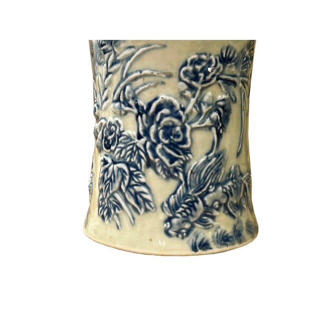 Cream Celadon Porcelain Blue Flower Gold Fishes Cylindrical Container For Sale In San Francisco - Image 6 of 10