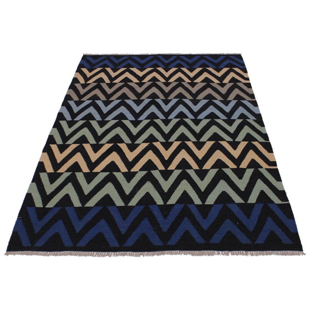 2000 - 2009 Abstract Kilim Hand-Woven Wool Rug -5′3″ × 6′8″ For Sale - Image 5 of 8