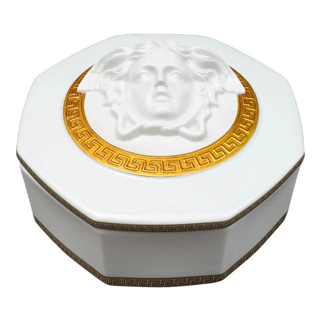 Vintage Versace Rosenthal Gorgona Medusa Gold Greek Key Porcelain Trinket Jewelry Box For Sale