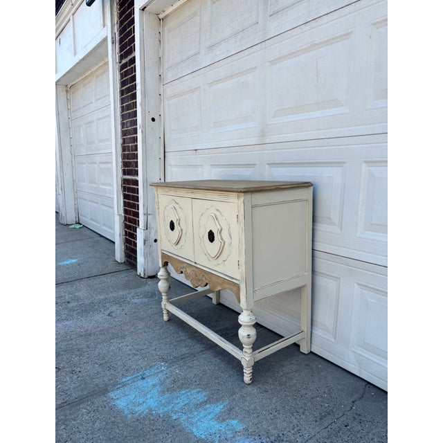 Farmhouse Distressed Neutral Cabinet | Vintage Rustic Sideboard | Shabby Chic Painted Console | Entryway Storage Cabinet | Wood Bar Cabinet For Sale - Image 4 of 11