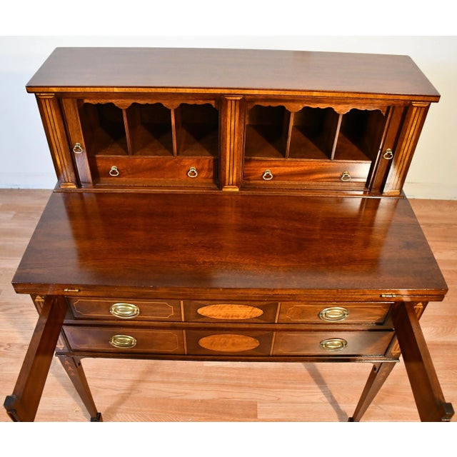 English 1920 Antique English Edwardian Mahogany Inlaid Secretary / Tambour Writing Desk For Sale - Image 3 of 13