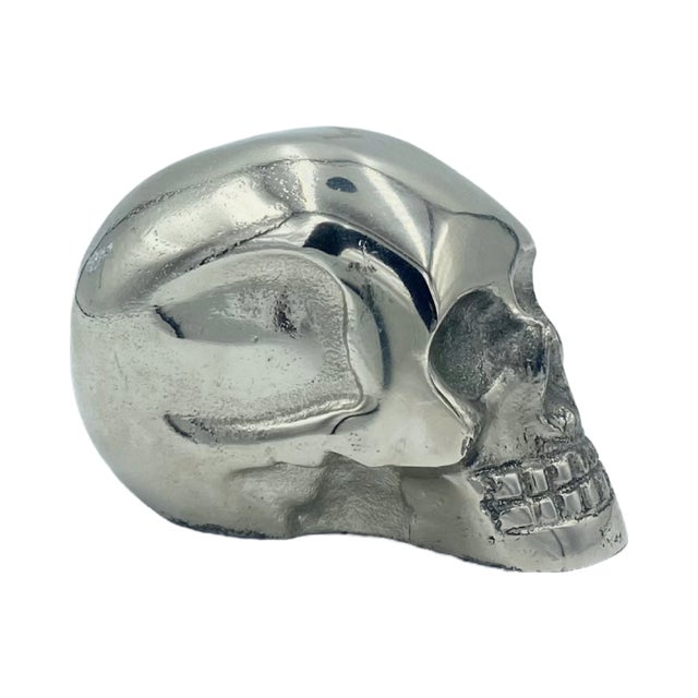 Contemporary Vintage Small Silver-Tone Metal Skull Desk Tabletop Paper Weight For Sale - Image 3 of 12