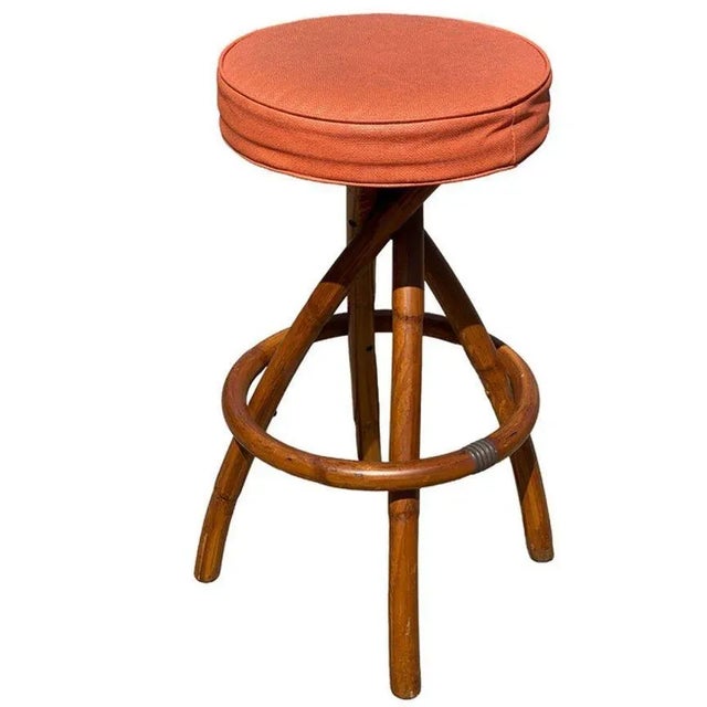 Tan 1950s Restored Mid-Century Swivel "Spiral" Leg Rattan & Brass Barstools,- Set of 2 For Sale - Image 8 of 8