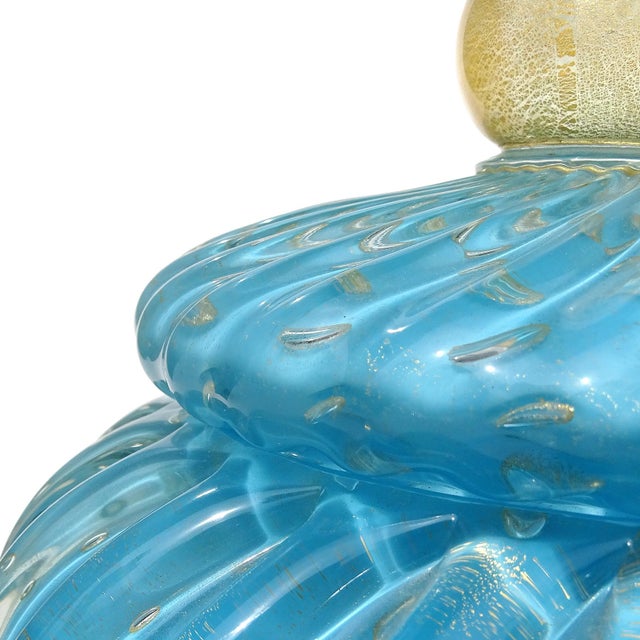 Murano Vintage Murano Barbini Blue Control Bubbles Gold Flecks Italian Art Glass Cookie Jar Container For Sale - Image 4 of 7
