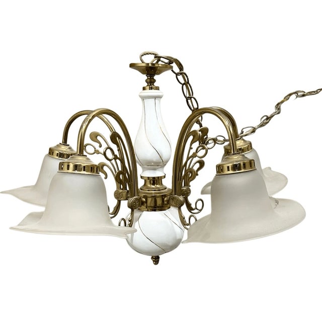 Art Nouveau Vintage Art Nouveau Style Fleur De Lis Calla Lillies Shades 5 Arms Chandelier For Sale - Image 3 of 13