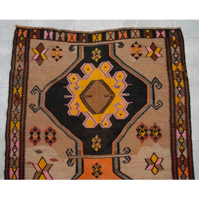 Vintage Turkish Kilim Rug Hand Woven Tribal Large Runner Rug - Neutral Earth Tone 4'4" X 12'10" For Sale - Image 10 of 18