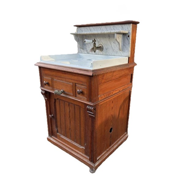Antique French Washstand in Pitch Pine and White Marble with Zinc Water Tank, 1900s For Sale - Image 3 of 17