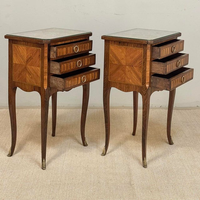 Pair of French Marble Top Marquetry Side Tables ~ Nightstands For Sale - Image 15 of 18