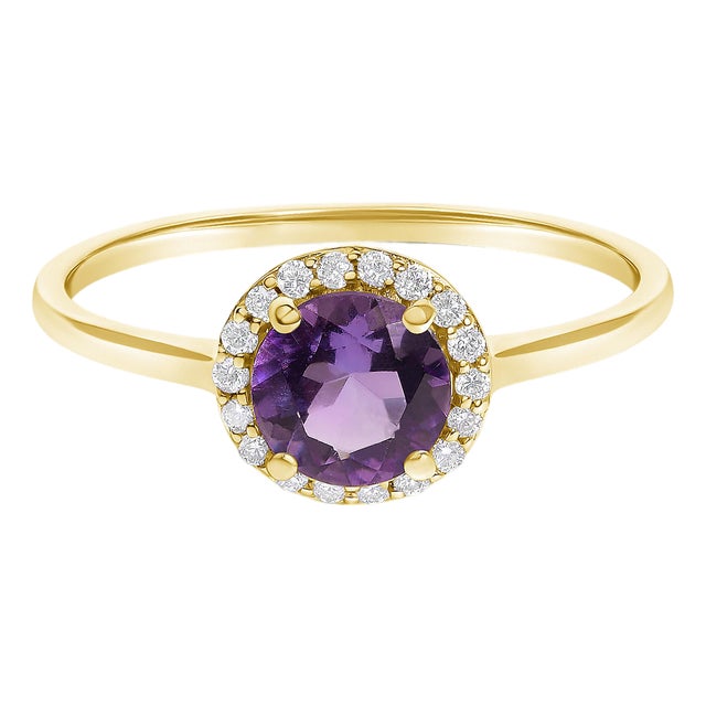 10K Yellow Gold Purple Amethyst and 1/10 Cttw Diamond Halo Ring For Sale