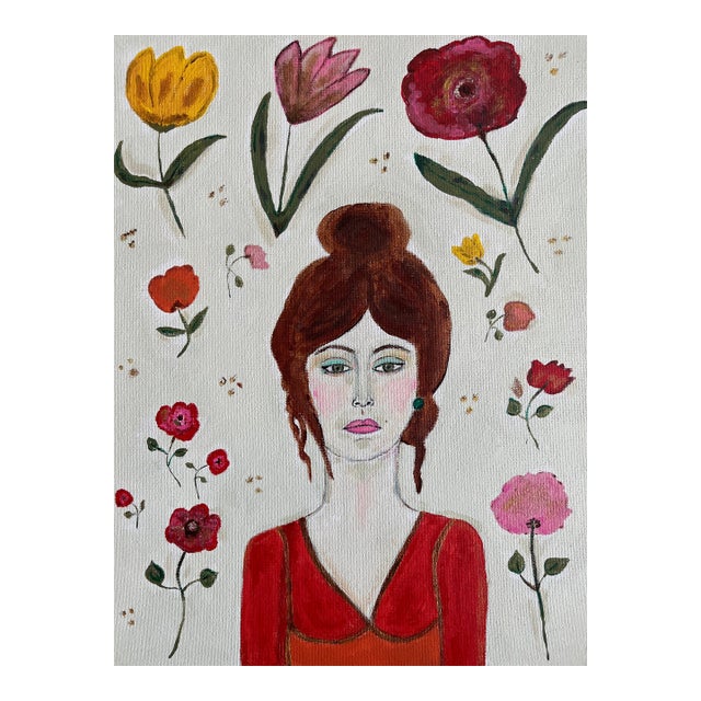 'Stella' - An Abstract Acrylic Painting Portrait of Woman With Flowers by Artist Nadia Nabhan For Sale