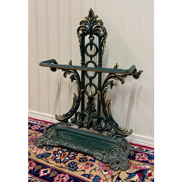 English Antique English Gilt & Painted Cast Iron Umbrella Stick Cane Stand For Sale - Image 3 of 16