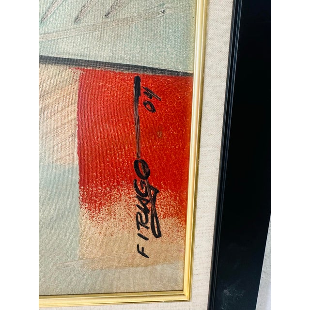 This painting is a modern still life with a cubist influence, characterized by geometric shapes, bold outlines, and an...