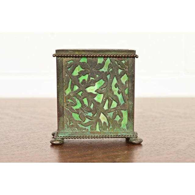Apollo Studios New York Arts & Crafts Grapevine Pattern Bronze and Slag Glass Card Holder For Sale - Image 12 of 12