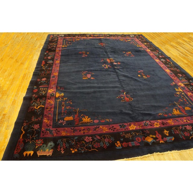 1920s Antique Navy Floral Oriental Chinese Art Deco Rug in Mandarin Quality For Sale In New York - Image 6 of 11