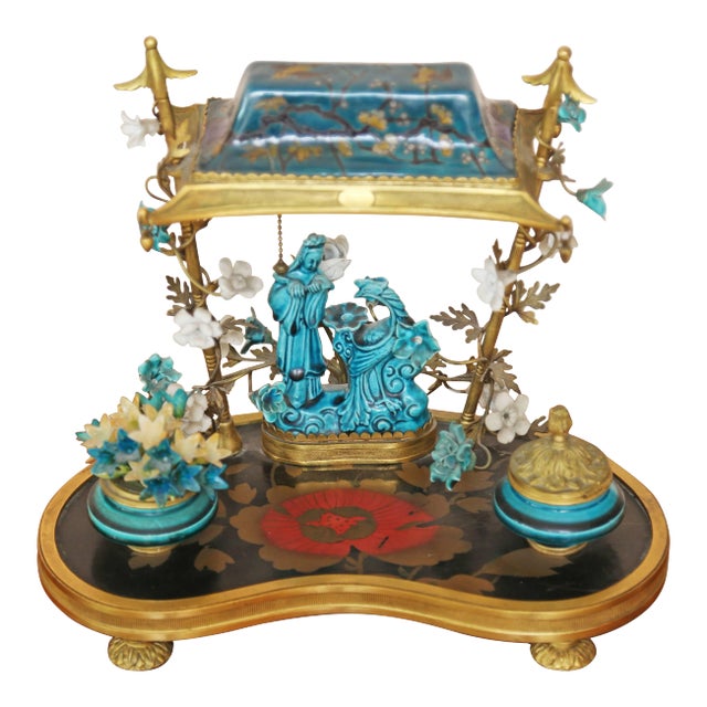 French Chinoiserie Turquoise-Blue Porcelain Encrier Table Lamp For Sale