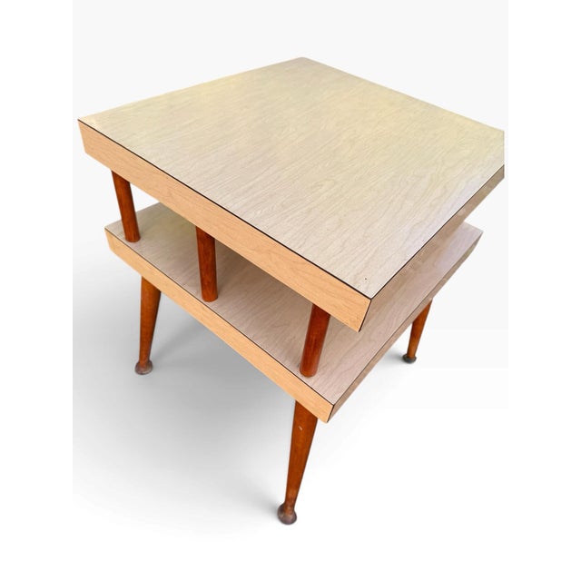 1960s Vintage MCM End Tables Pair Two Tier Formica Tapered Legs Brass Feet For Sale - Image 5 of 8