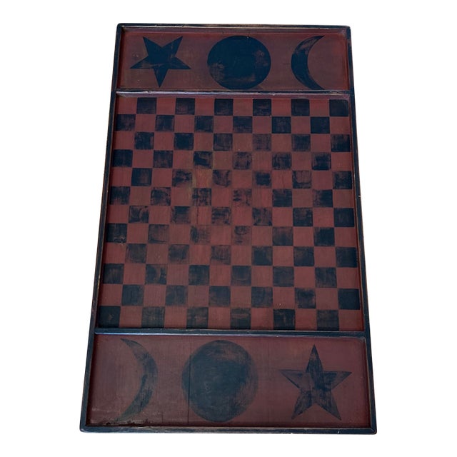 1980s American Folk Art Graphic & Celestial Polychrome Game Board 24”Lx14.75”Wx1.25”H Moon & Stars Signed For Sale