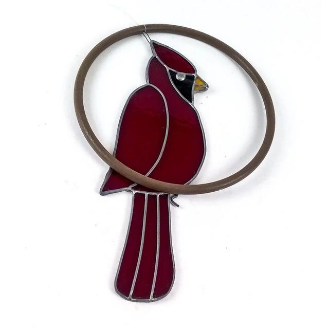 Mid-Century Modern Lead Framed Artisan Glass Hanging Cardinal Sun Catcher For Sale - Image 3 of 8