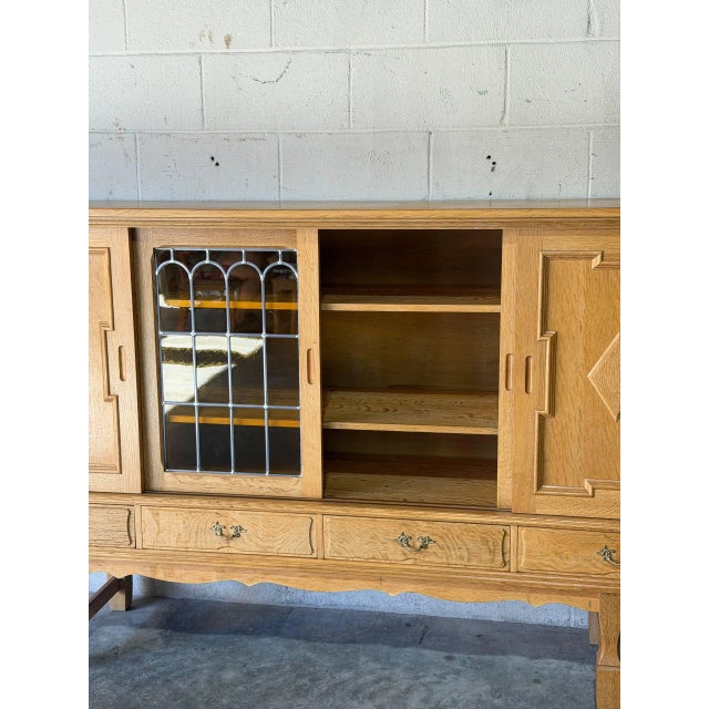 In Style of Henning Kjærnulf Oak High Sideboard Credenza With Sliding Leaded Glass Doors Danish Mid-Century Modern 1970s For Sale - Image 10 of 11