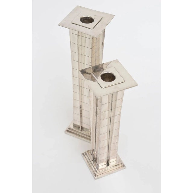 Metal Vintage Silver Plate Deco Style "Skyscraper" Candlesticks Pair Of, 90's For Sale - Image 7 of 10