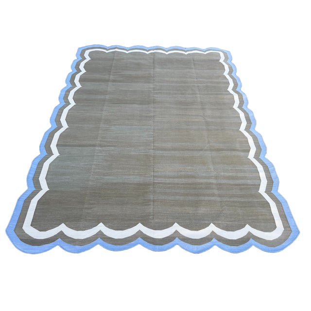 Not Yet Made - Made To Order Handmade Cotton Vegetable Dyed Scalloped Edge Rug Brown & Sky Blue Border Dhurrie- 9'x12' For Sale - Image 9 of 11