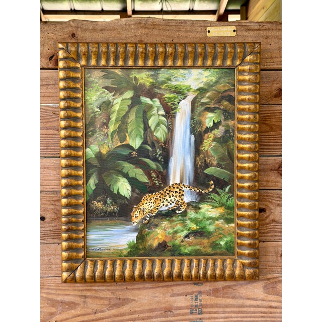 Signed Tropical Leopard Waterfall Acrylic Painting in Carved Gilt Wood Frame For Sale - Image 12 of 12