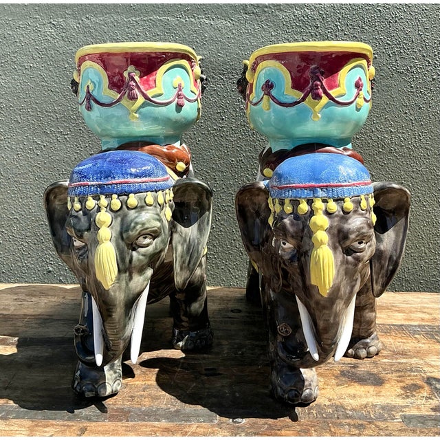 Chinoiserie Vintage Glazed Ceramic Polychromed Elephants - A Pair For Sale - Image 3 of 12