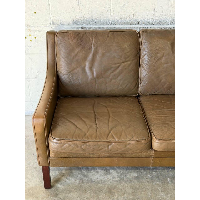 Brown Leather 3 Seater Sofa With Tapered Wood Legs Vintage Mid-Century Modern 1970s For Sale - Image 11 of 12