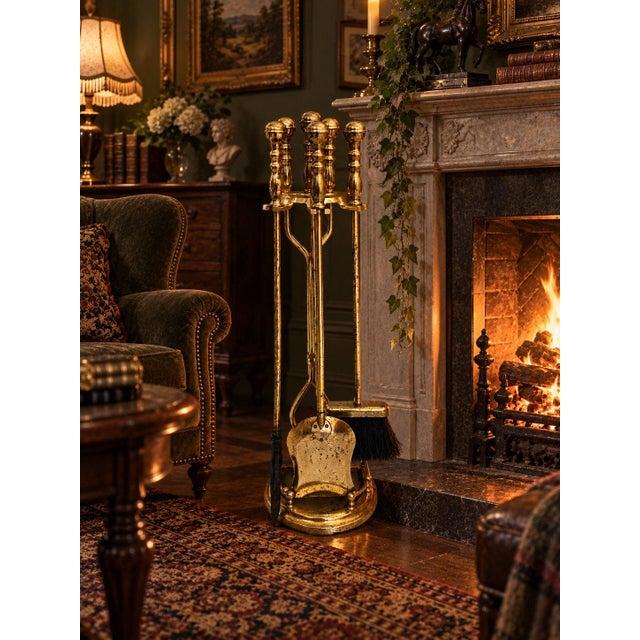 American Vintage Brass Fireplace Tools Set 4 Piece & Stand For Sale - Image 3 of 3