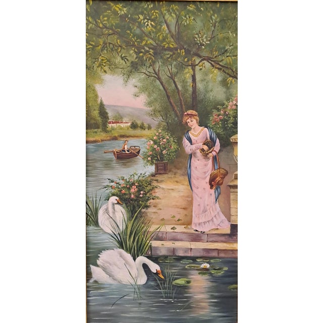 Romantic Scene with Lady and Swans on the River, Early 20th Century, Oil Painting on Canvas, Framed For Sale - Image 8 of 11