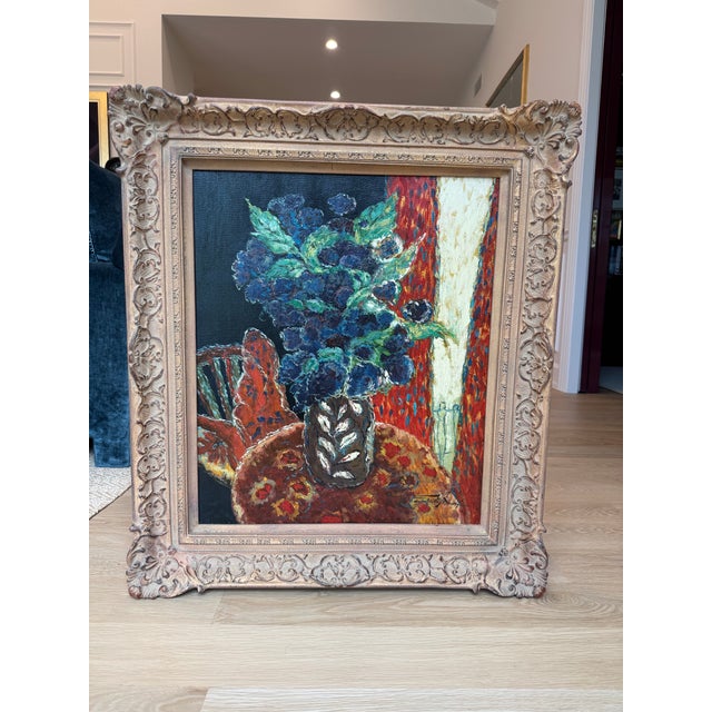 1994 Expressionist floral still life oil on canvas depicting a stylized bouquet set against a patterned, high-contrast...