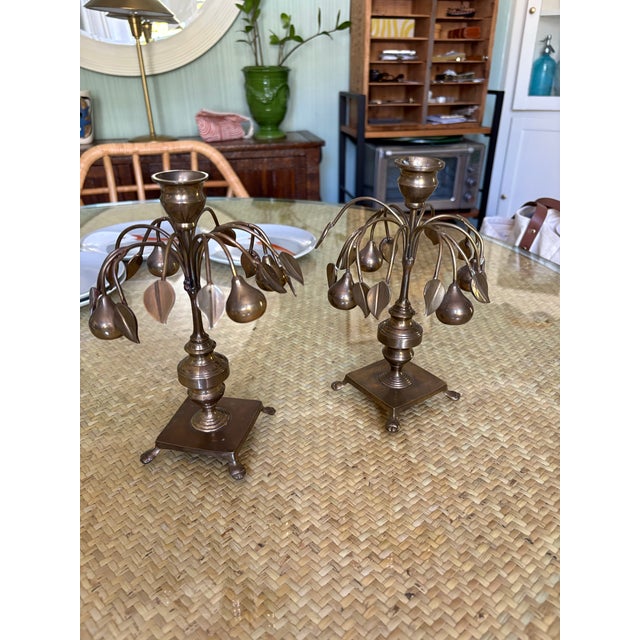 Mottahedeh A Pair of 1960s Brass Mottahedeh Pear Tree Candlesticks For Sale - Image 4 of 8