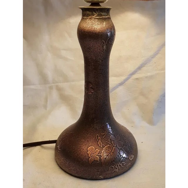 Art Nouveau Table Lamp with Formerly Silver Plated Copper Base & Segmented Beige Fabric Shade with Brown Ribbons For Sale - Image 5 of 6
