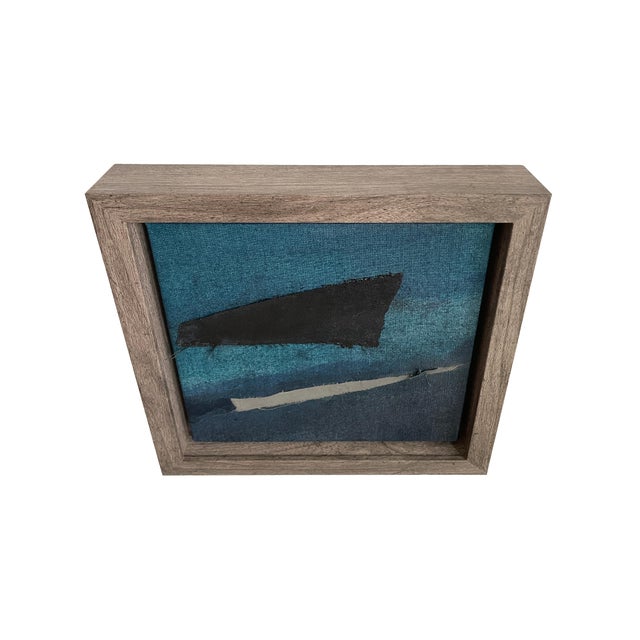 Wood Miniature Navy and Gray Abstract Collage Painting in Shadow Box Frame – Modern Bookshelf Art Decor For Sale - Image 7 of 12