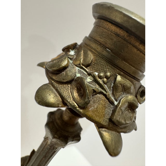Early 19th Century Pair Ornate Gothic Revival Brass Candlesticks Hoof Feet Floral Tripod Bases For Sale - Image 4 of 9