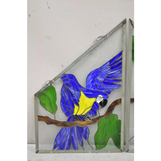 Art Deco Vintage Leaded Stained Glass Red and Blue Parrot Bird Window Suncatcher - A Pair For Sale - Image 3 of 11