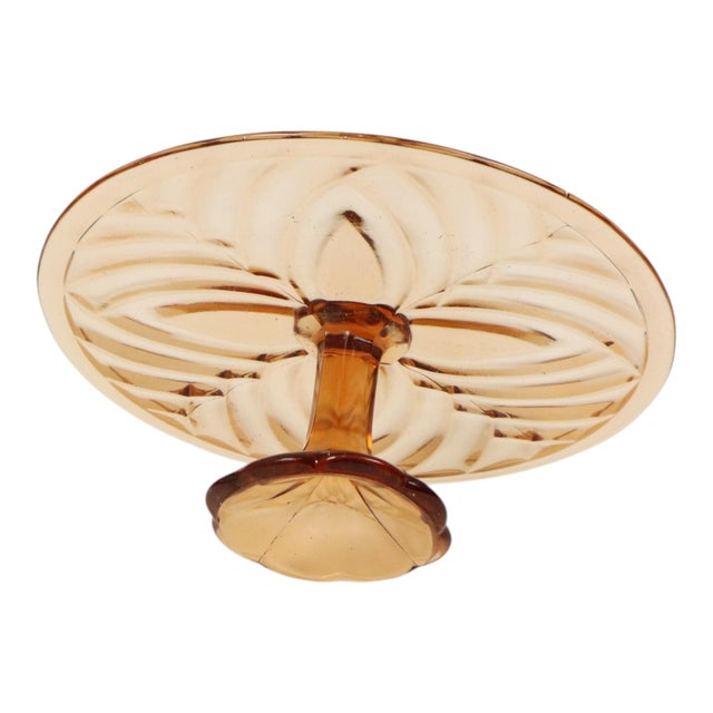 Beautiful vintage cake plate from the Art Deco period, pastry dish made of amber-colored pressed glass, also known as...