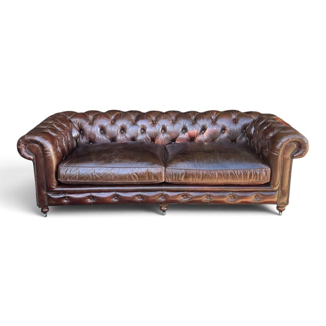 Restoration Hardware Restoration Hardware Chesterfield Cognac Leather Sofa With Brass Nailhead & Casters For Sale - Image 4 of 16