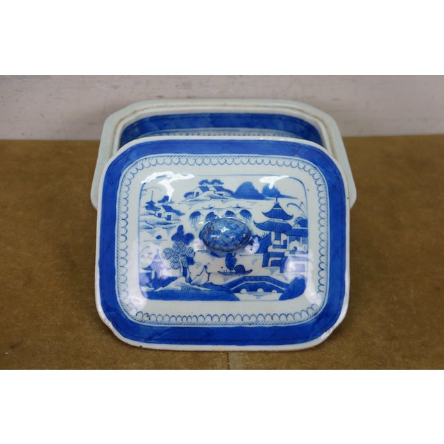Antique Chinese Export Canton Blue White Serving Platter & Vegetable Tureens - Set of 3 For Sale - Image 10 of 18