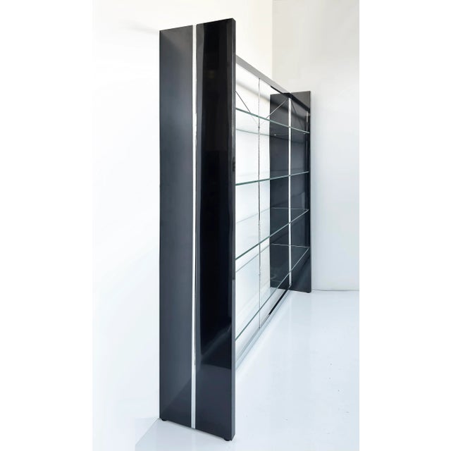 Gun Metal, Stainless, Glass Etagere Shelves or Room Divider Offered for sale is a fine-quality gun metal, stainless steel,...