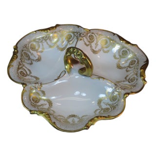 1900s Handled Serving Dish by JPL Pouyat Limoges, Hand-Painted Gold Porcelain For Sale