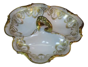 1900s Handled Serving Dish by JPL Pouyat Limoges, Hand-Painted Gold Porcelain