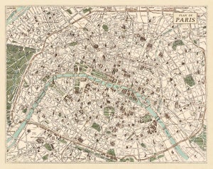 Contemporary Map of Paris Circa 1925 - 16 x 13