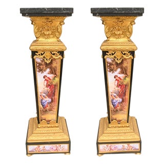 French Louis XVI Pedestals in Gilt Bronze and Porcelain, Set of 2 For Sale