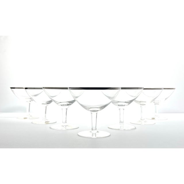 1960s Mid-century Vintage Set of 7 Silver Rim Coupe Champagne Glasses 3 7/8” 8oz Good vintage condition. No chips, cracks,...