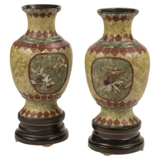 Palatial Chinese Hardstone veneered Vases on Ebonized Stands - A Pair For Sale In New York - Image 6 of 6