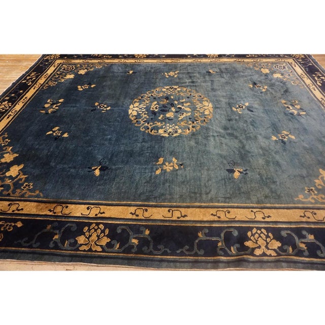 Chinese 1920s Classic Chinese Symbols Navy Blue Open Field Antique Peking Room Size Rug For Sale - Image 3 of 11