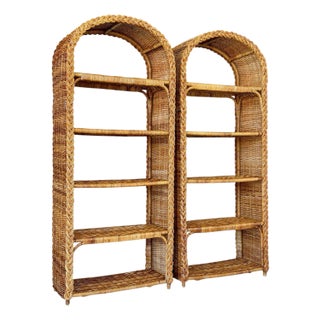Pair of Vintage Organic Modern Restored Rattan Etagere Shelves With Braided Arch Detail – Made in Hong Kong For Sale