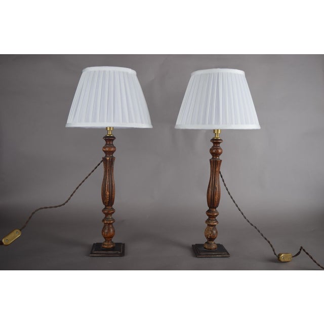 Vintage Turned Wood Table Lamps with Pleated Shades, France, 1970s, Set of 2 For Sale - Image 11 of 12