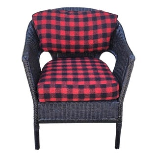 Black Wicker Chair W/ Buck Plaid Seat Cushions For Sale
